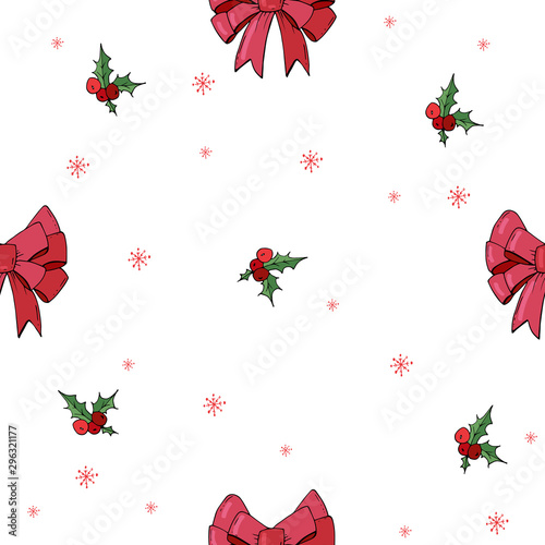 Christmas Winter tied bow Seamless Background. Hand drawn doodle style holly and bow in vector.