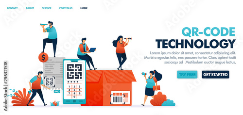 QR code and barcode technology for e-commerce, purchasing, storage, fintech, warehouse, financial, payment and banking industry needs. Scan to pay bills in cashless with a digital wallet or blockchain