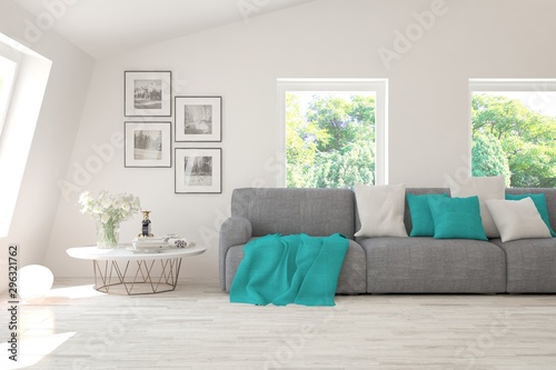 Stylish room in white color with sofa and summer landscape in window. Scandinavian interior design. 3D illustration