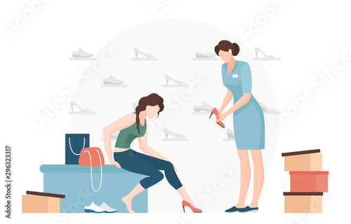 Woman trying on shoes flat vector illustration. Young shopper and seller consultant cartoon characters. Fashion boutique worker helping buyer choose footwear. Customer service, consumerism
