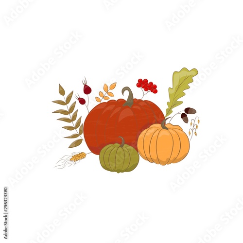 Pumpkin and fall leaves bouquet. Thanksgiving design template. Harvest festival. Vector illustration with fall leaves, pumpkin. 