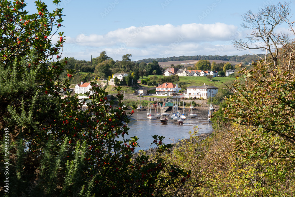 Fototapeta premium Scenic view of Aberdour in Scotland and Firth of Forth estuary, Fife. Aberdour is a scenic and historic village on the south coast of Fife, Scotland.