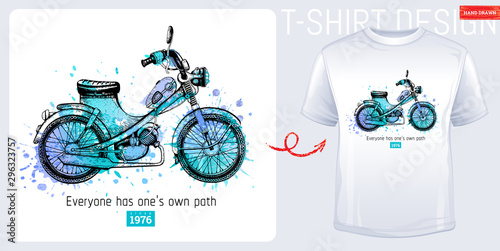 Moto bike scooter t-shirt. Motorcycle print, trendy memphis color moped with slogan isolated on white background. Hand drawn man, boy sketched vector illustration. Fashion art with watercolor splash