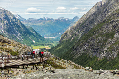 Trollstigen or Trolls Path is serpentine mountain road in Rauma Municipality in Norway photo