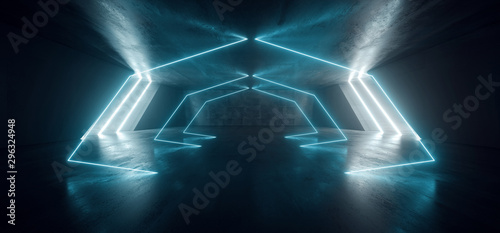 Fototapeta Naklejka Na Ścianę i Meble -  Futuristic Blue Neon Alien Sci Fi Dark Empty Cement Concrete Reflective Grunge Hall Underground Laser Beam Garage Night Background Laser Line 3D Rendering