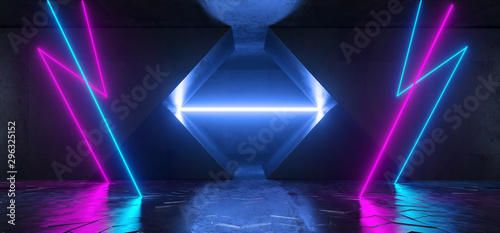 Alien Sci Fi Futuristic Virtual Cement Concrete Triangle Garage Hall Tunnel Corridor Blue Purple Vibrant Beam Neon Laser Glow Empty Background Reflections 3D Rendering © IM_VISUALS