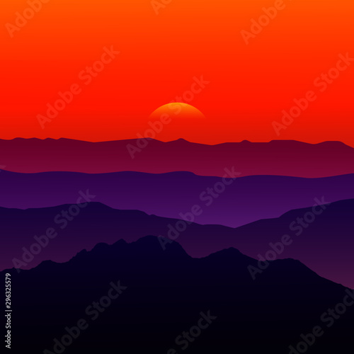 Sunset over hills and mountains landscape vector background © don