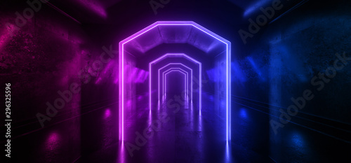 Fototapeta Naklejka Na Ścianę i Meble -  Sci Fi Futuristic Purple Blue Neon Laser Glowing Tunnel Corridor Arc Pylons Beams Retro Night Underground Stage Show Club Virtual Concrete Grunge Cement 3D Rendering