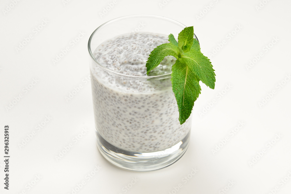 Chia pudding with mint on a white background. Space for text or design. Chia pudding with mint on a white background. Space for text or design.