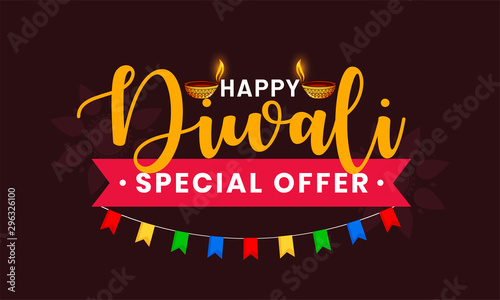 Happy Diwali festival celebration text typography. Use as banner, logo design etc. Indian festival of lights special offer with decoration. Happy diwali.