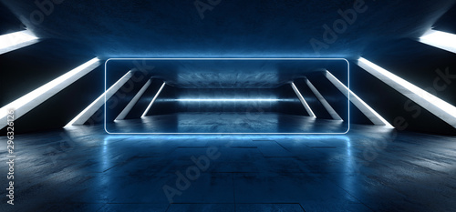 Fototapeta Naklejka Na Ścianę i Meble -  Neon Laser Futuristic Blue Lines Huge Big Dark Hall Garage Tunnel Corridor Car Empty Studio Background White Windows Light Glow Cement Asphalt Concrete Grunge Dark Tall 3D Rendering