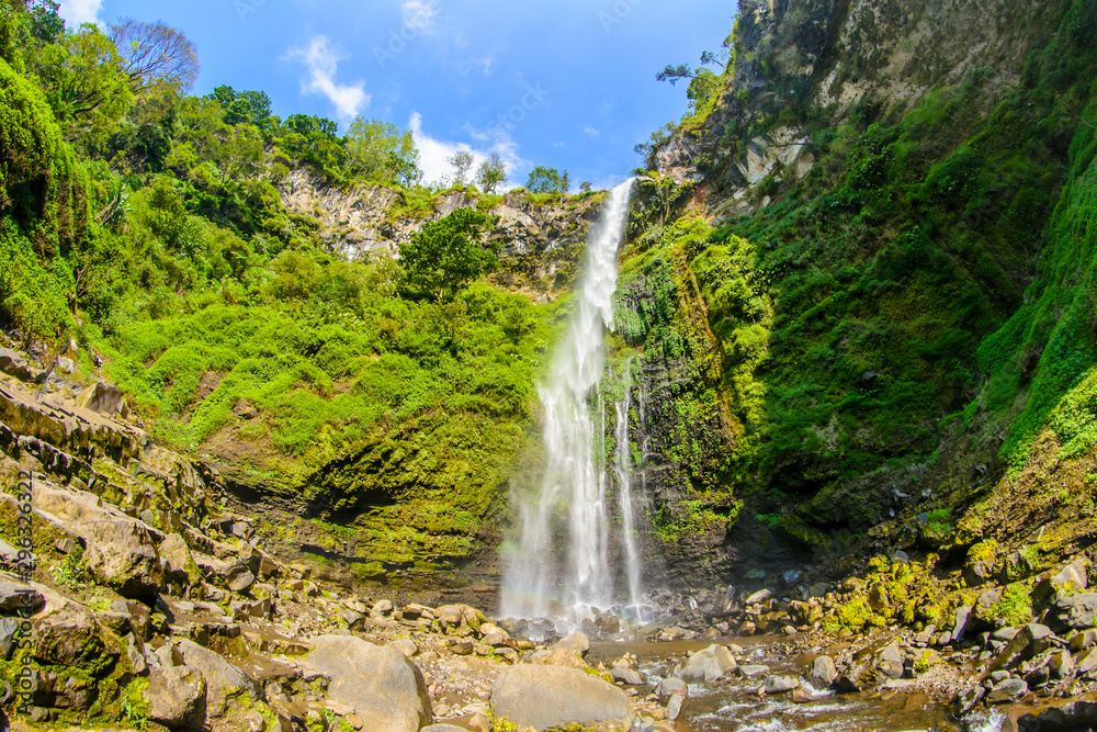coba rondo waterfall inside a green forest in malang, east java, indonesia coba rondo waterfall inside a green forest in malang, east java, indonesia