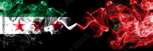 Syrian Arab Republic vs Morocco, Moroccan smoke flags placed side by side. Thick colored silky smoke flags of Syria opposition and Morocco, Moroccan photo