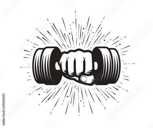 Arm with dumbbell. Gym, fitness logo. Vector illustration
