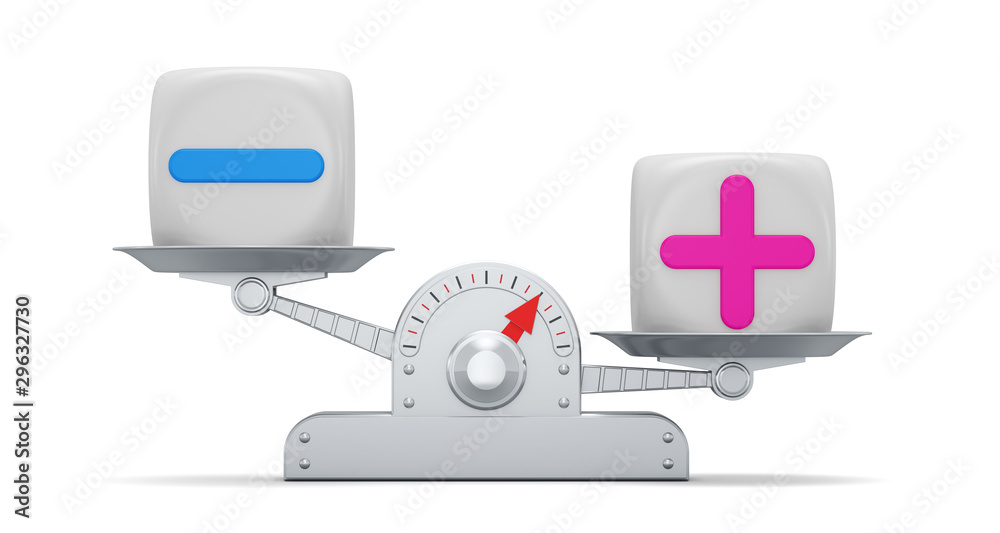 Scales with cubes plus and minus. Plus is harder than minus. 3d render illustration.
