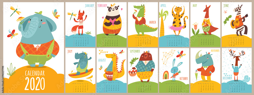 Cartoon vector 2020 calendar with funny wild animals