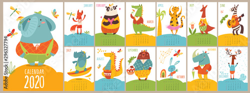 Cartoon vector 2020 calendar with funny wild animals