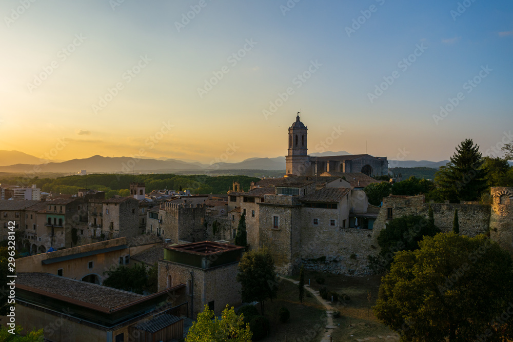 Aerial panorama view of medieval Girona with Gothic St Mary Roma