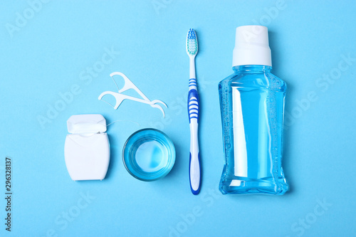 Flat composition for oral care and place for text on a light background. Dental hygiene
