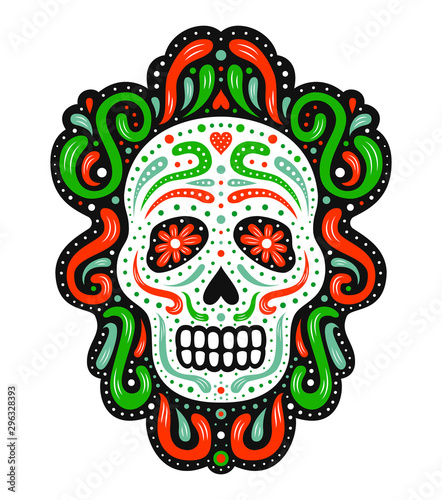 Traditional mexican sugar skull mask. Ornate decorative human skeleton head. Latin american Day of the Dead celebration symbol. National flag colored EPS 10 vector illustration.