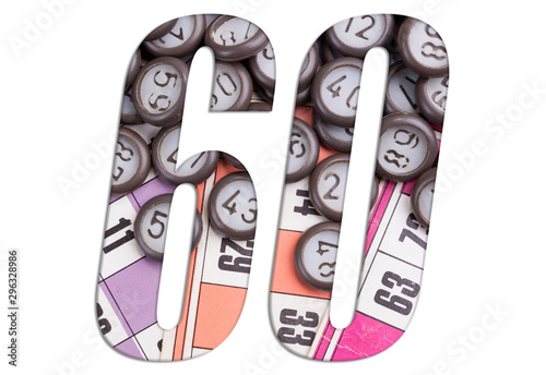 Number 60 with Lotto cards and game chips on white background