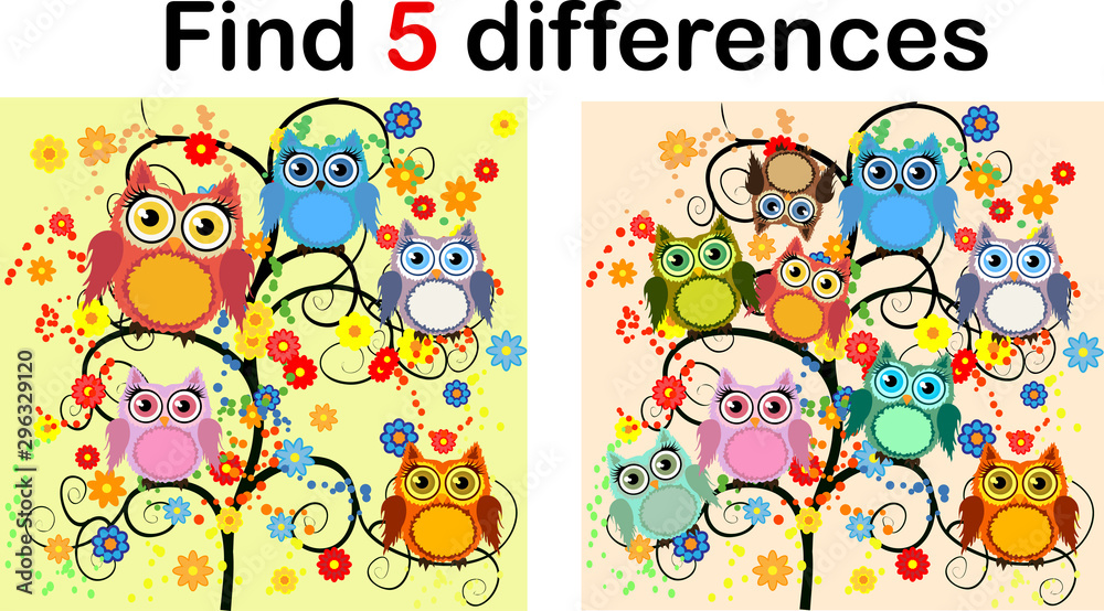 Cartoon Illustration of Find the Differences Educational Activity Game for Children with Owls