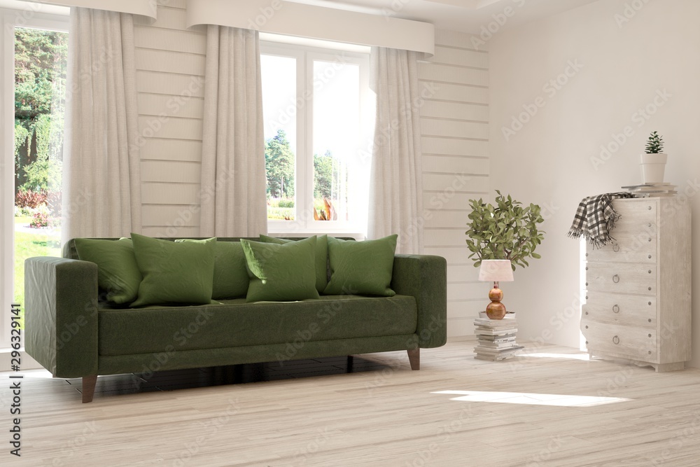 Fototapeta premium Stylish room in white color with sofa. Scandinavian interior design. 3D illustration