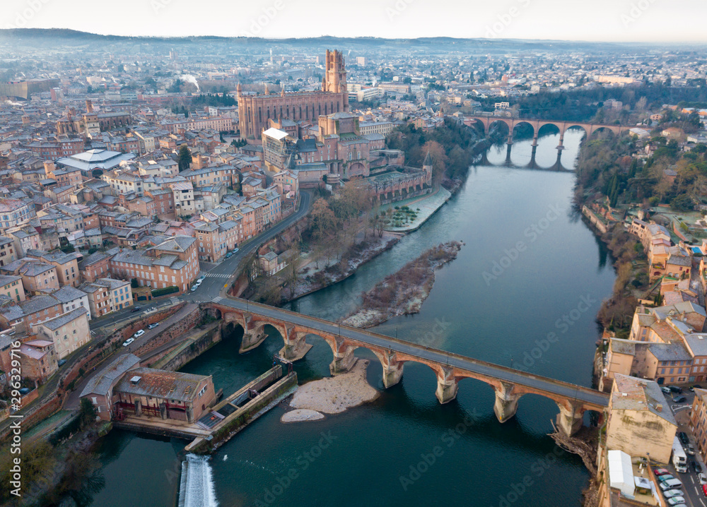 The ancient city of Albi at sunrise. View from above