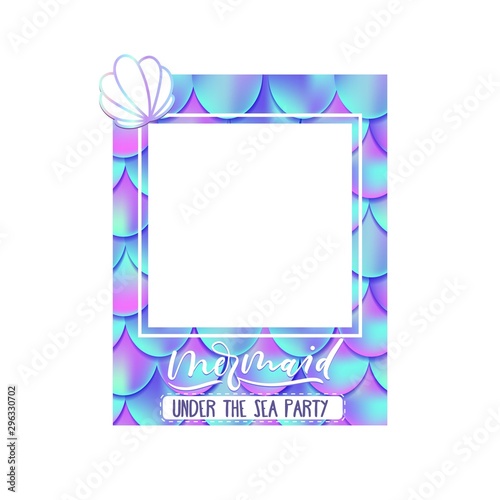 Mermaid under the sea party photo booth with shell vector illustration. Colorful frame for photography decorated by ocean symbol. Colorful geometric shape with pattern and aqua sign