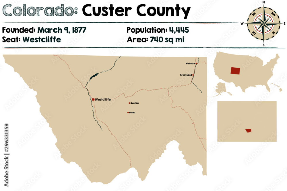 Large and detailed map of Custer county in Colorado, USA