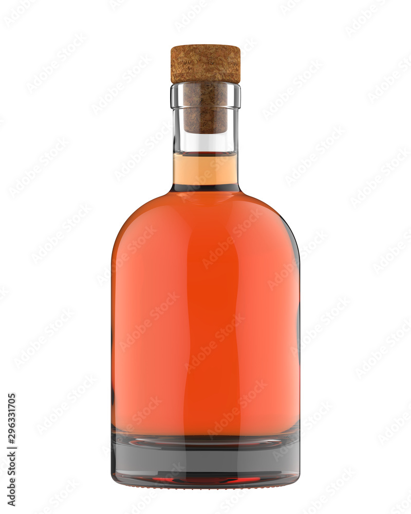 Clear White Glass Whiskey, Vodka, Gin, Rum, Brandy, Moonshine or Scotch  Bottle with Amber Liquid and Cork. 17oz (16 oz) or 500 ml (50 cl) volume.  Isolated 3D Render on White. Illustration