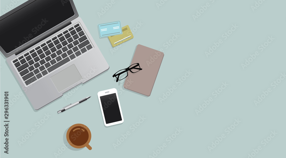 Office desk or Working desk with workspace for copy space. Laptop, Mobile phone and Notebook on color Background, Top view Vector.