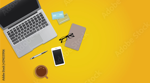 Office desk or Working desk with workspace for copy space. Laptop, Mobile phone and Notebook on color Background, Top view Vector.