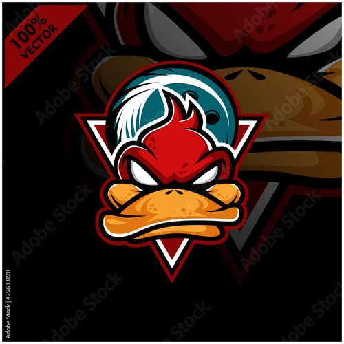 Vector sport logo, duck head illustration and bowling on the shield background. Logo for sport club or team. Vector illustration	