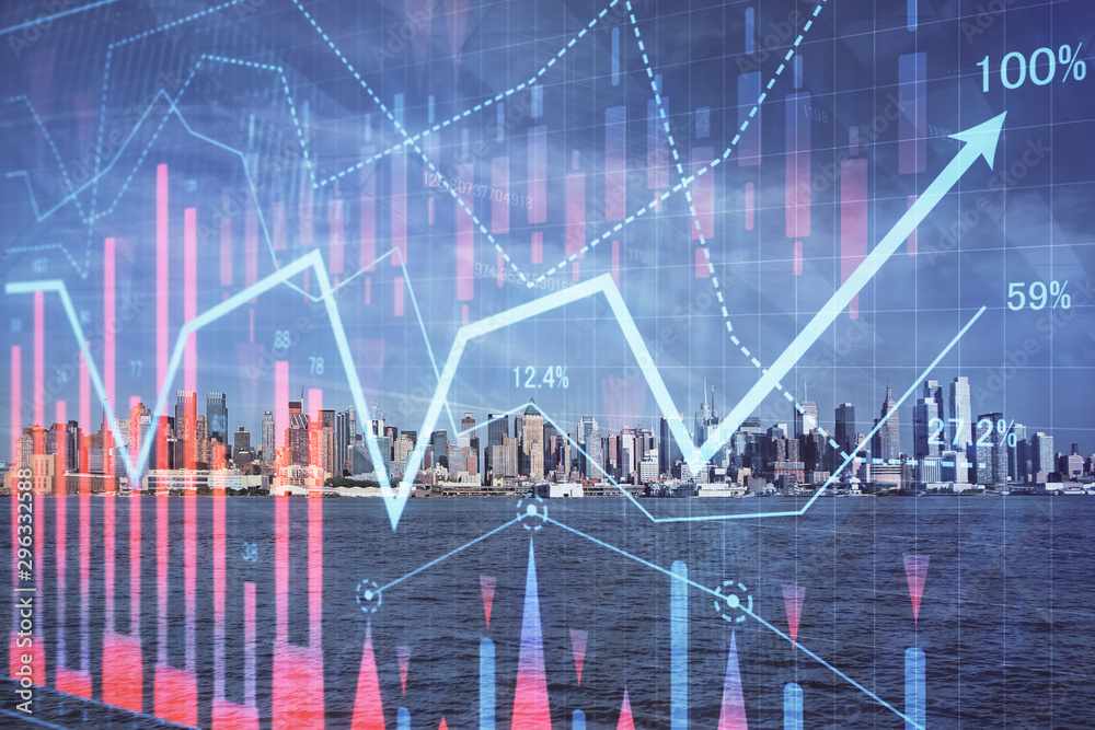 Forex graph on city view with skyscrapers background double exposure. Financial analysis concept.