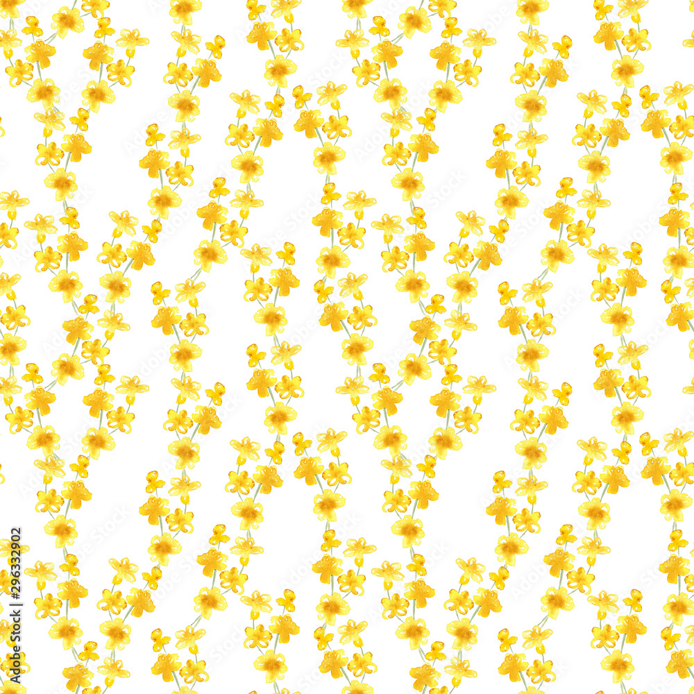 Watercolor seamless pattern with small yellow flowers and white background.  Perfect for high-resolution printing.