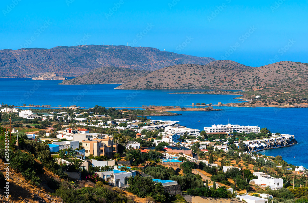 Beautiful view of the Bay of Elounda.The worldwide famous resort with luxurious hotels and the historic island of Spinalonga.