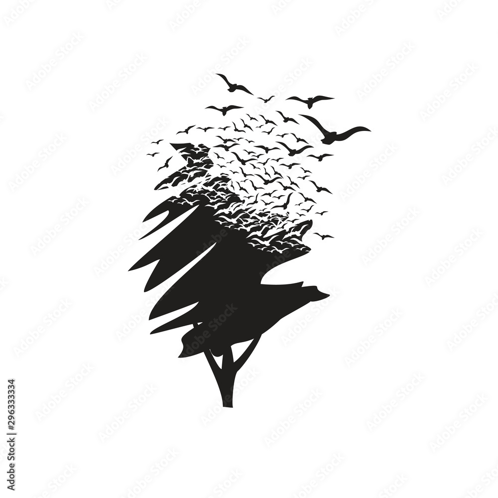 A tree with the effect of destruction. Dispersion. Birds