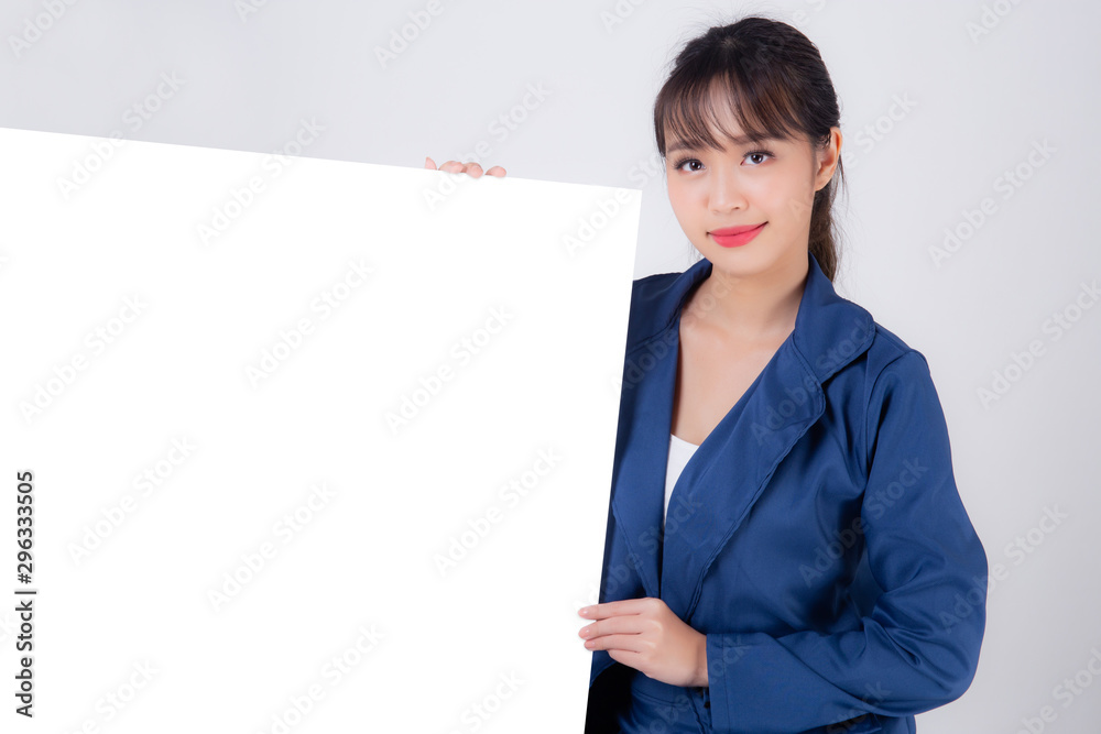 beautiful portrait young business asian woman presenting blank signboard isolated on white background, cheerful and happy beauty businesswoman showing empty billboard or banner for advertising. beautiful portrait young business asian woman presenting blank signboard isolated on white background, cheerful and happy beauty businesswoman showing empty billboard or banner for advertising.