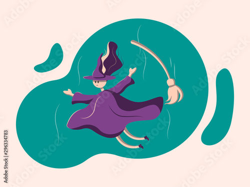 Vector halloween holiday illustration. Witch with a broom. 