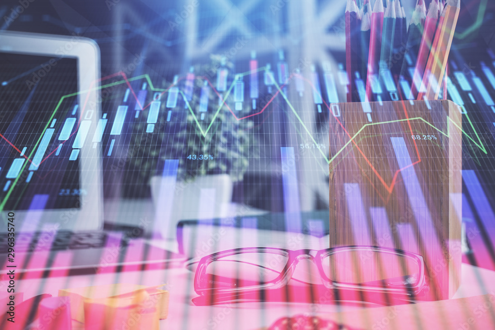 Financial chart hologram with glasses on the table background. Concept of business. Double exposure. Financial chart hologram with glasses on the table background. Concept of business. Double exposure.