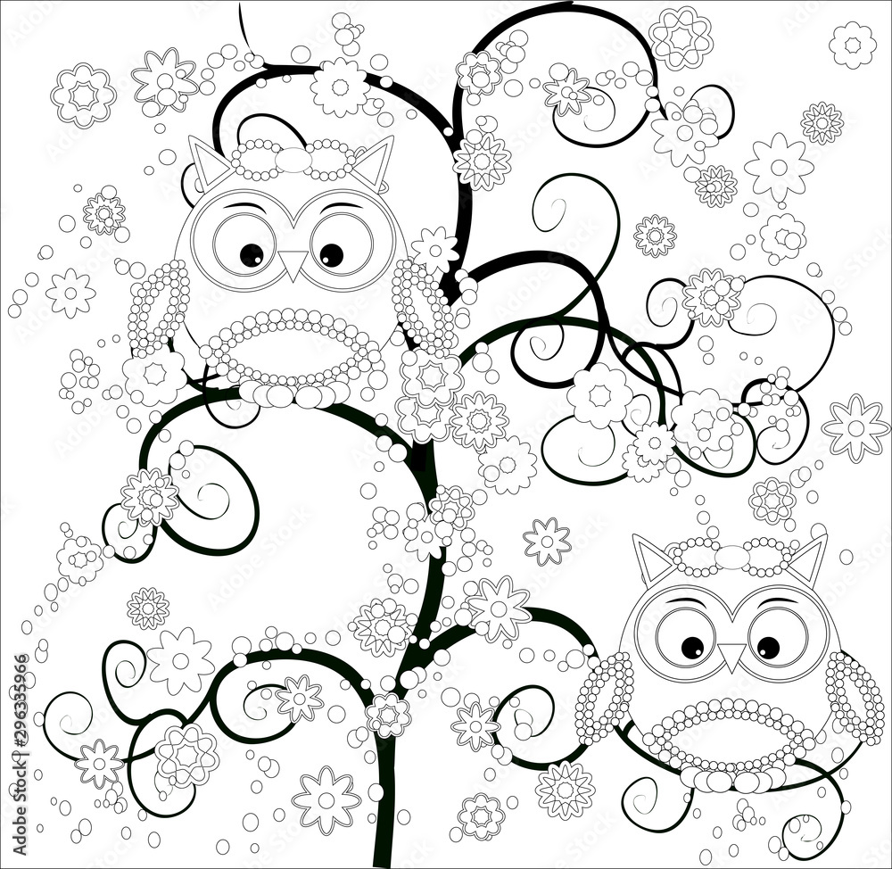 Fototapeta premium Coloring book for adult and older children. Coloring page with cute owl and floral frame. Outline drawing in zentangle style