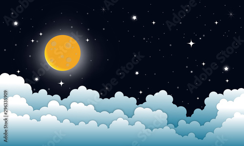 Fototapeta Naklejka Na Ścianę i Meble -  night sky with stars and moon. paper art style.Vector of a crescent moon with stars on a cloudy night sky. Moon and stars background.Vector EPS 10.