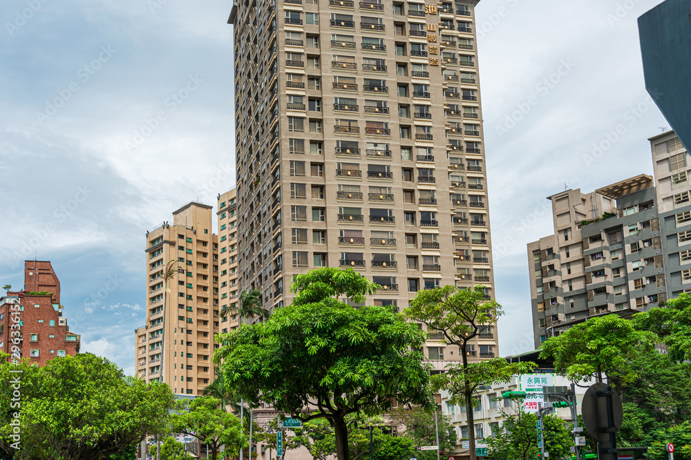 TAIPEI, TAIWAN - July 2, 2019: Street view of Modern architecture in Taipei, Taiwan TAIPEI, TAIWAN - July 2, 2019: Street view of Modern architecture in Taipei, Taiwan