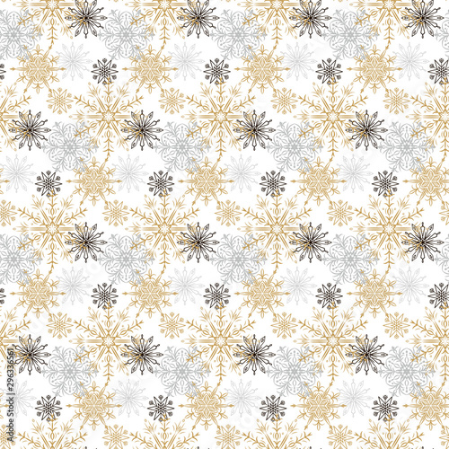 Seamless pattern with gold  black and gray snowflakes isolated on white background. Christmas design. Could be used for gift wrapping paper  prints  fabrics  textiles  web design