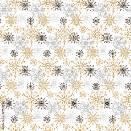 Seamless pattern with gold, black and gray snowflakes isolated on white background. Christmas design. Could be used for gift wrapping paper, prints, fabrics, textiles, web design