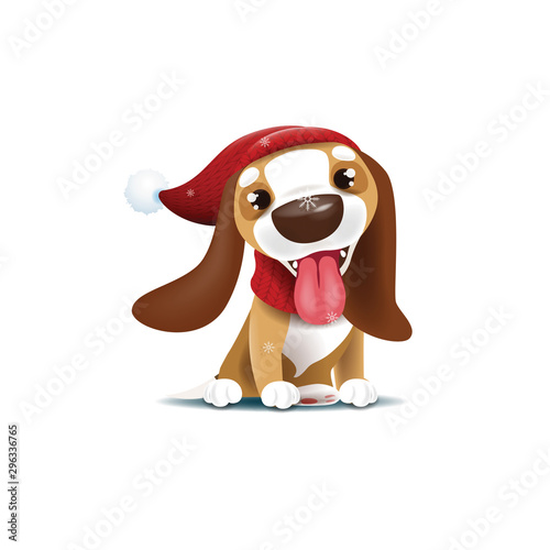 Funny cute puppy in a hat sitting under the snowfall