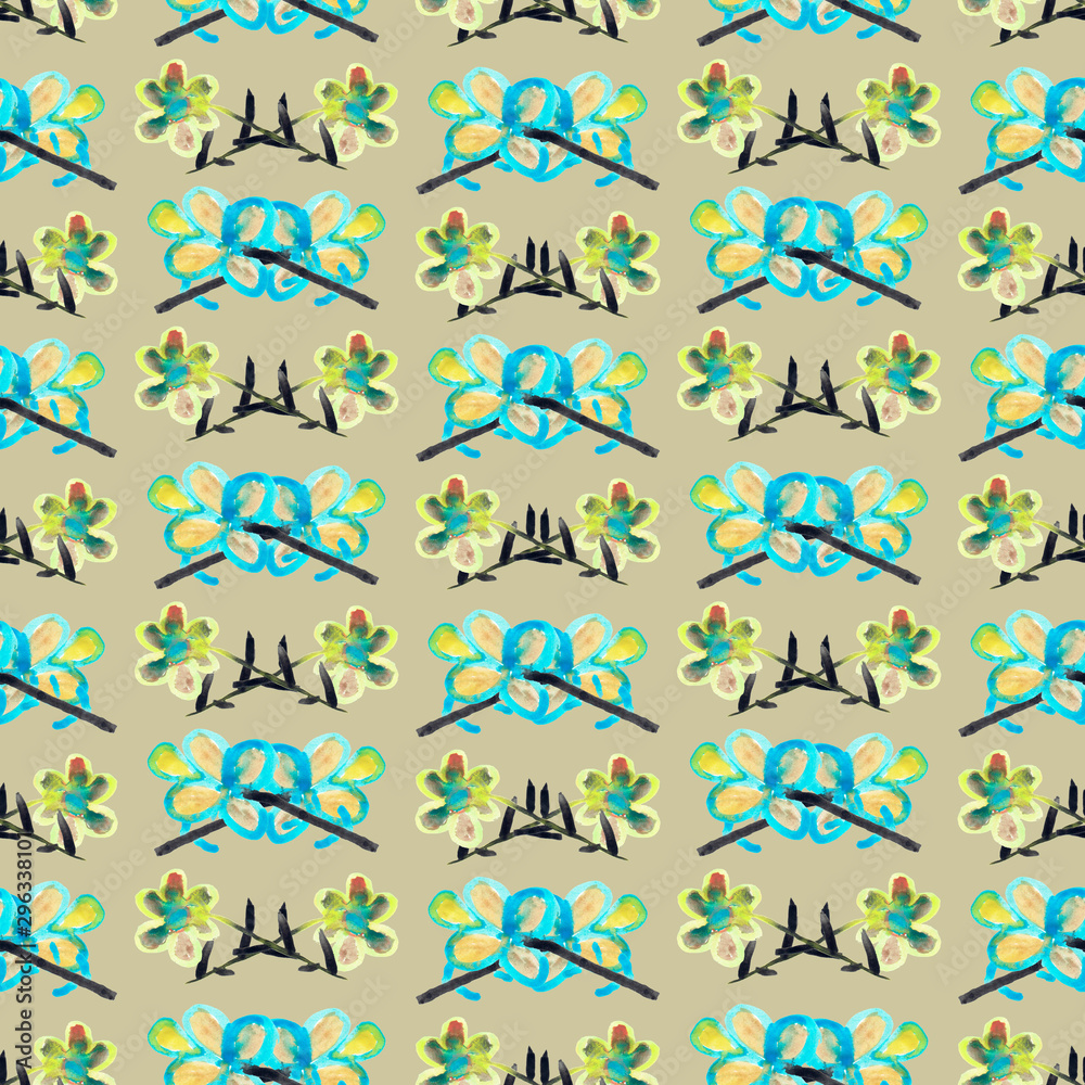 Obraz premium abstract hand-drawn flowers with light blue and yellow colors on a gray background