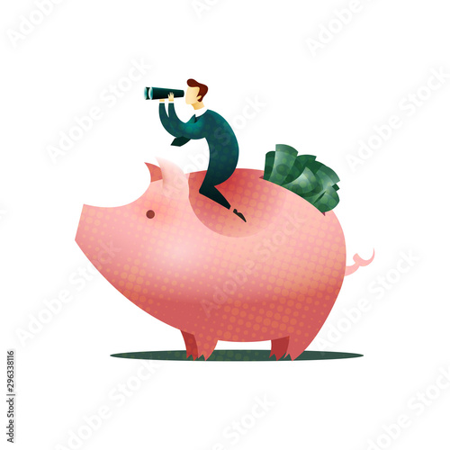 An investor is looking for where to invest money sitting on a piggy bank full of money. Investment concept.