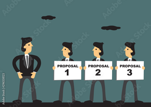 Three Business Proposals for Pitching Process Cartoon Vector Illustration